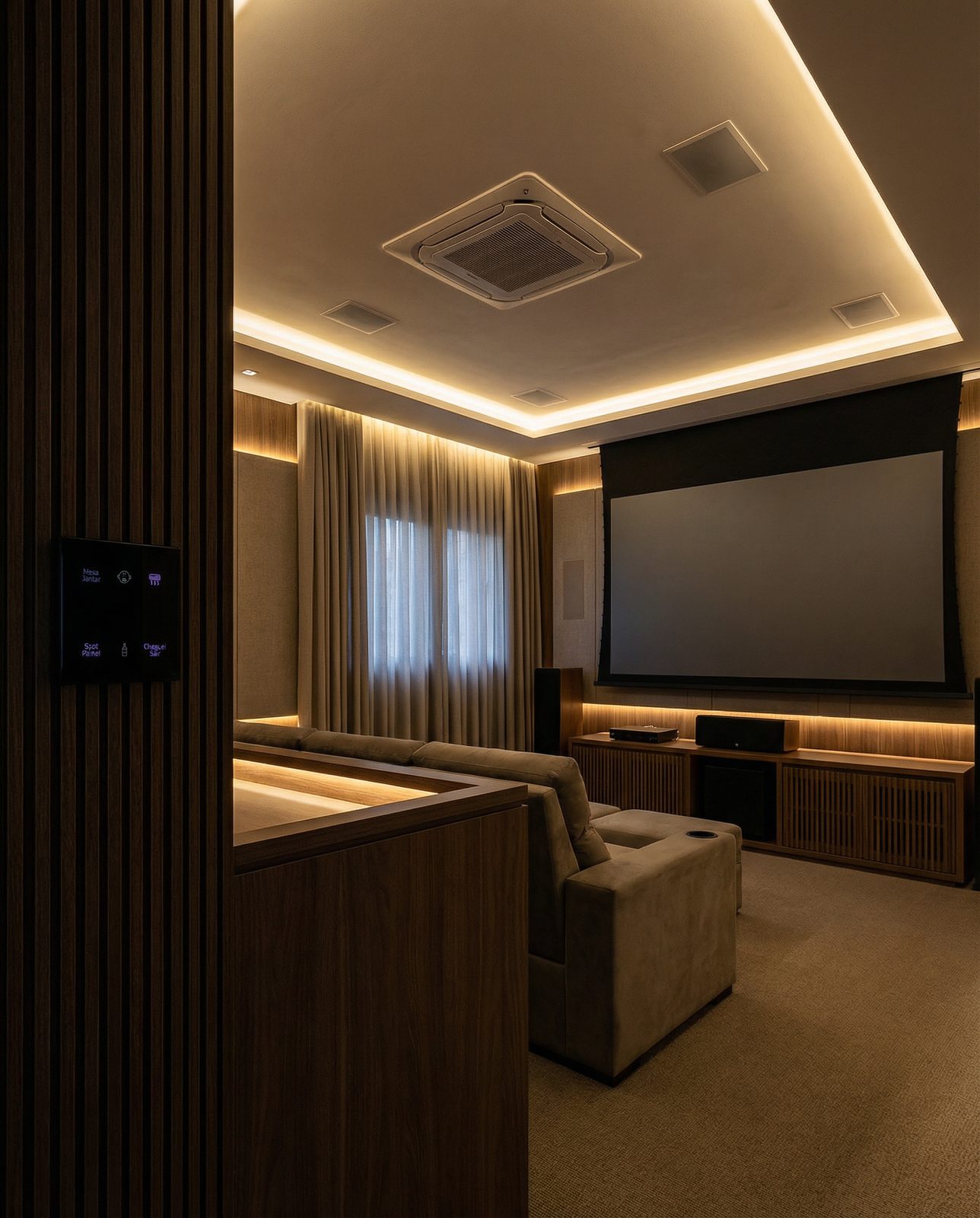 Pulsador de cenas na entrada do home theater, com a sala já em cena de cinema