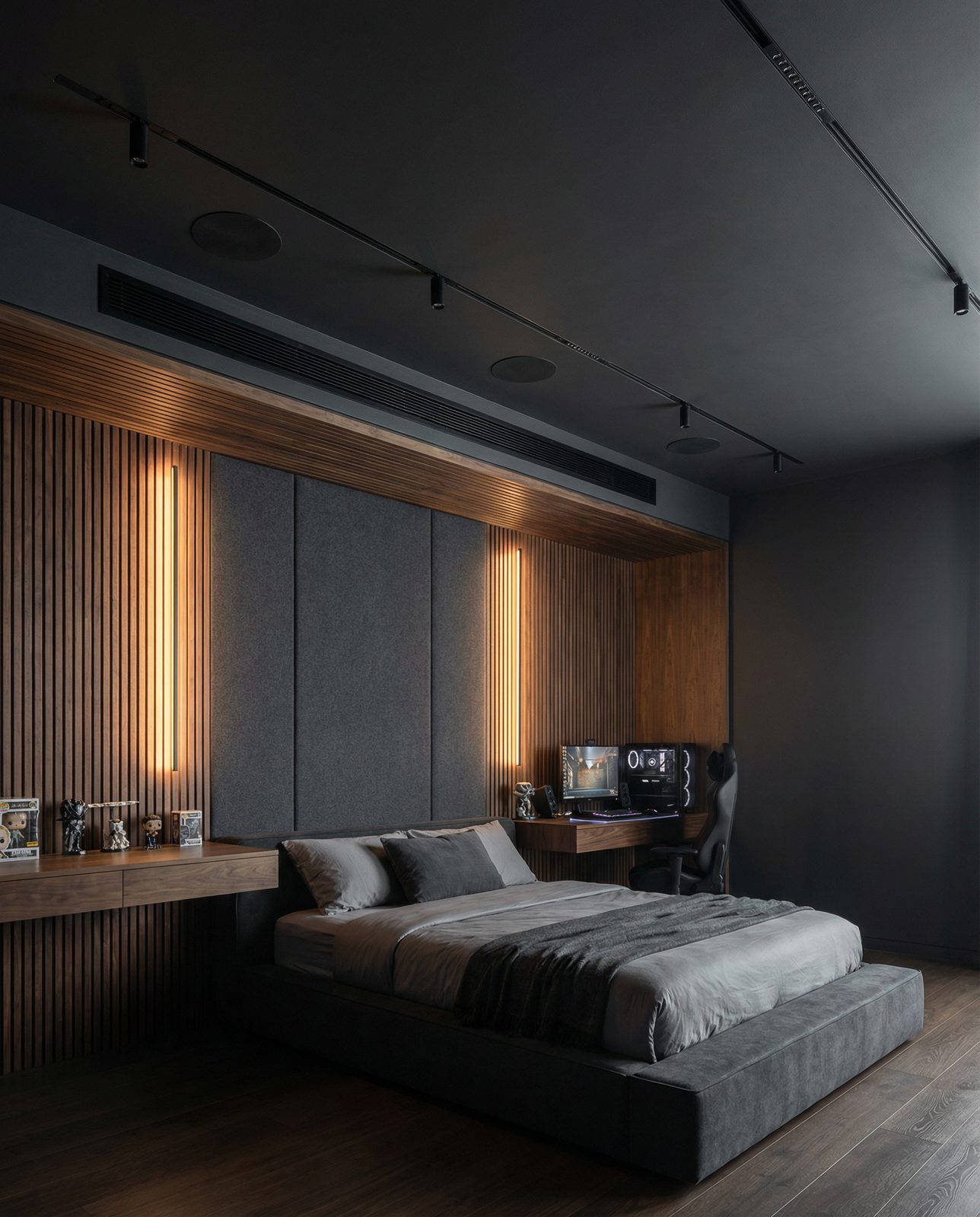Quarto com painel ripado, iluminação linear embutida e caixas de som no teto